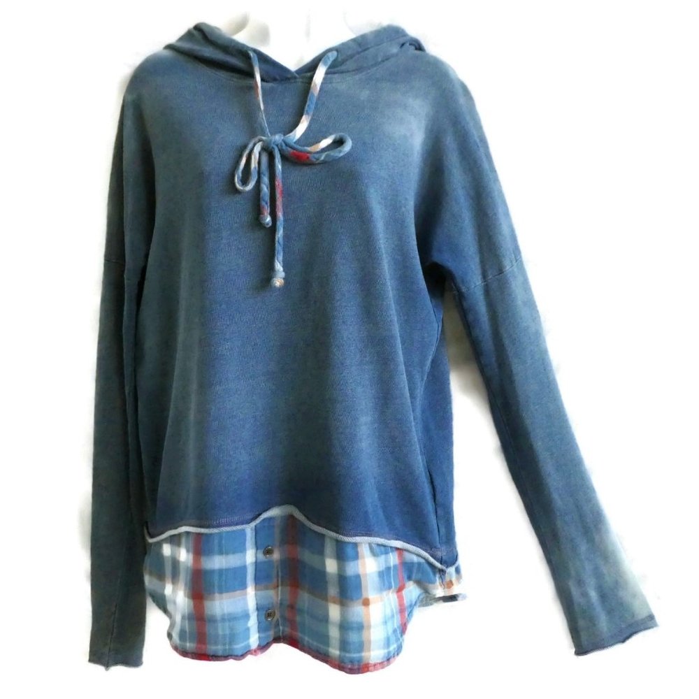 Cloth and Stone Hoodie Layered Plaid Shirt Tail Blue Stone Streetwear Comfort S